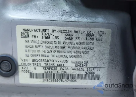 2005 Nissan Sentra 1.8S from USA, damaged, VIN 3N1CB51D75L474305